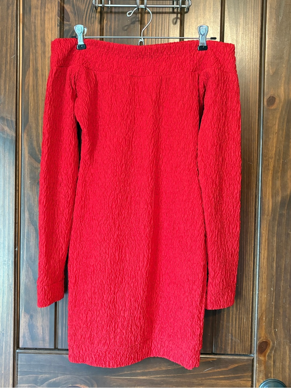 Vintage Charles Edward Powers Off-Shoulder Red Textured Long-Sleeve Dress